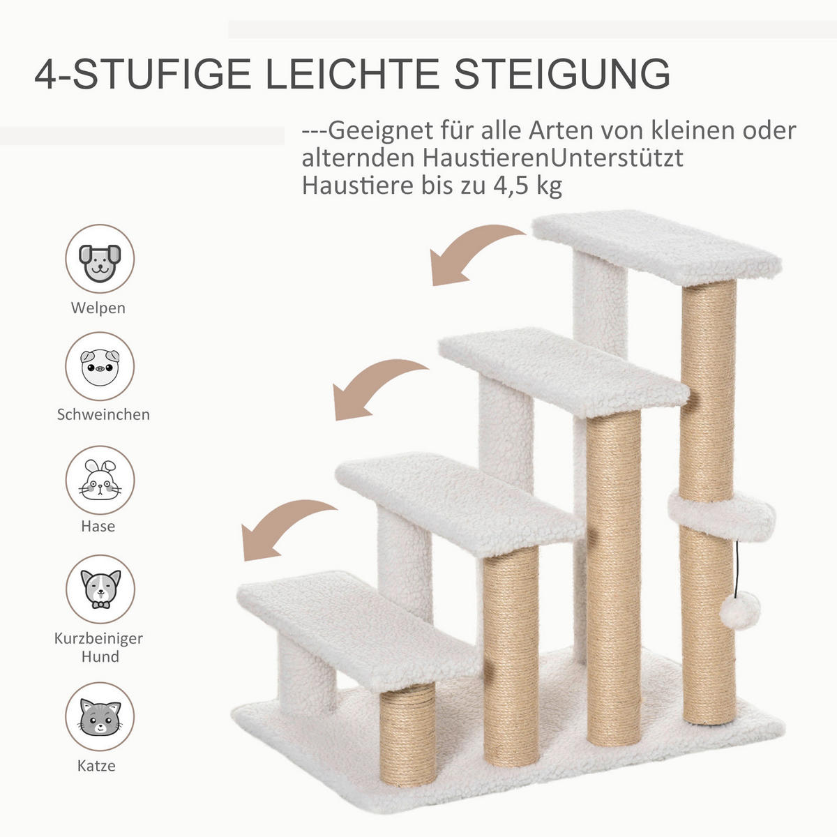 PawHut Haustiertreppe m. Kratzbaum Ball weiß Spanplatte B/H/L: ca. 40x60x64 cm Haustiertreppe - weiß (64,00/40,00/60,00cm) - PawHut