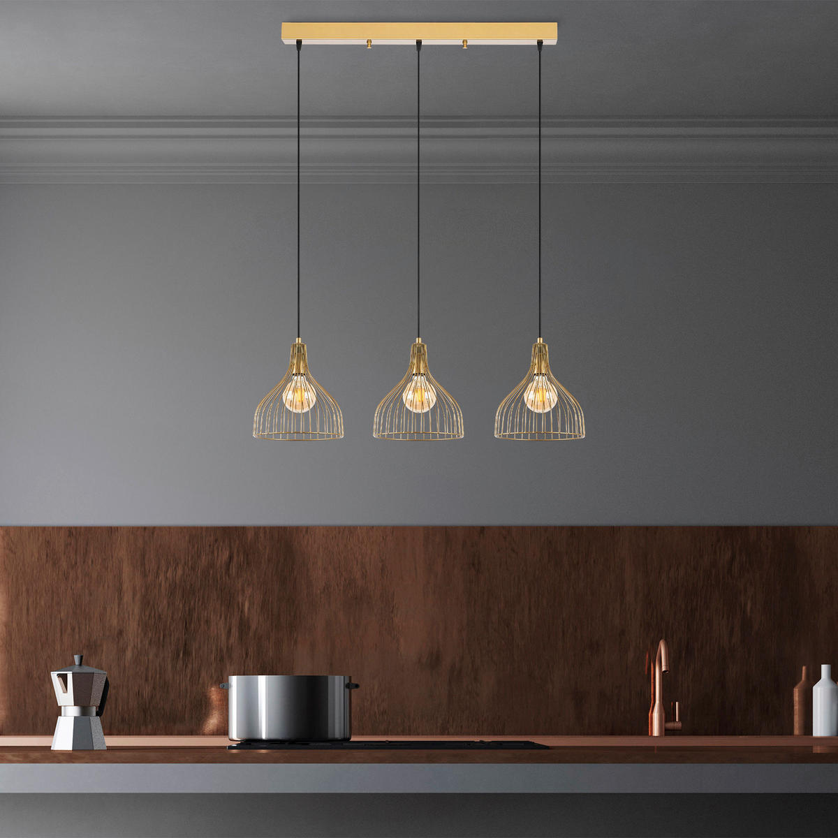 Opviq Pendelleuchte gold B/H/T/L: ca. 25x121x25x94 cm E27 3 Brennstellen Cafu - gold (94,00/25,00/121,00cm) - Opviq