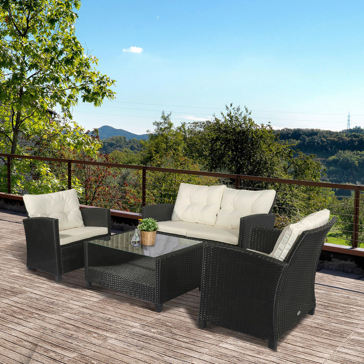 Outsunny Sitzgruppe cremeweiß Polyrattan B/H/L: ca. 68x124x76 cm Gartenmöbel-Set - schwarz/cremeweiß (76,00/68,00/124,00cm) - Outsunny
