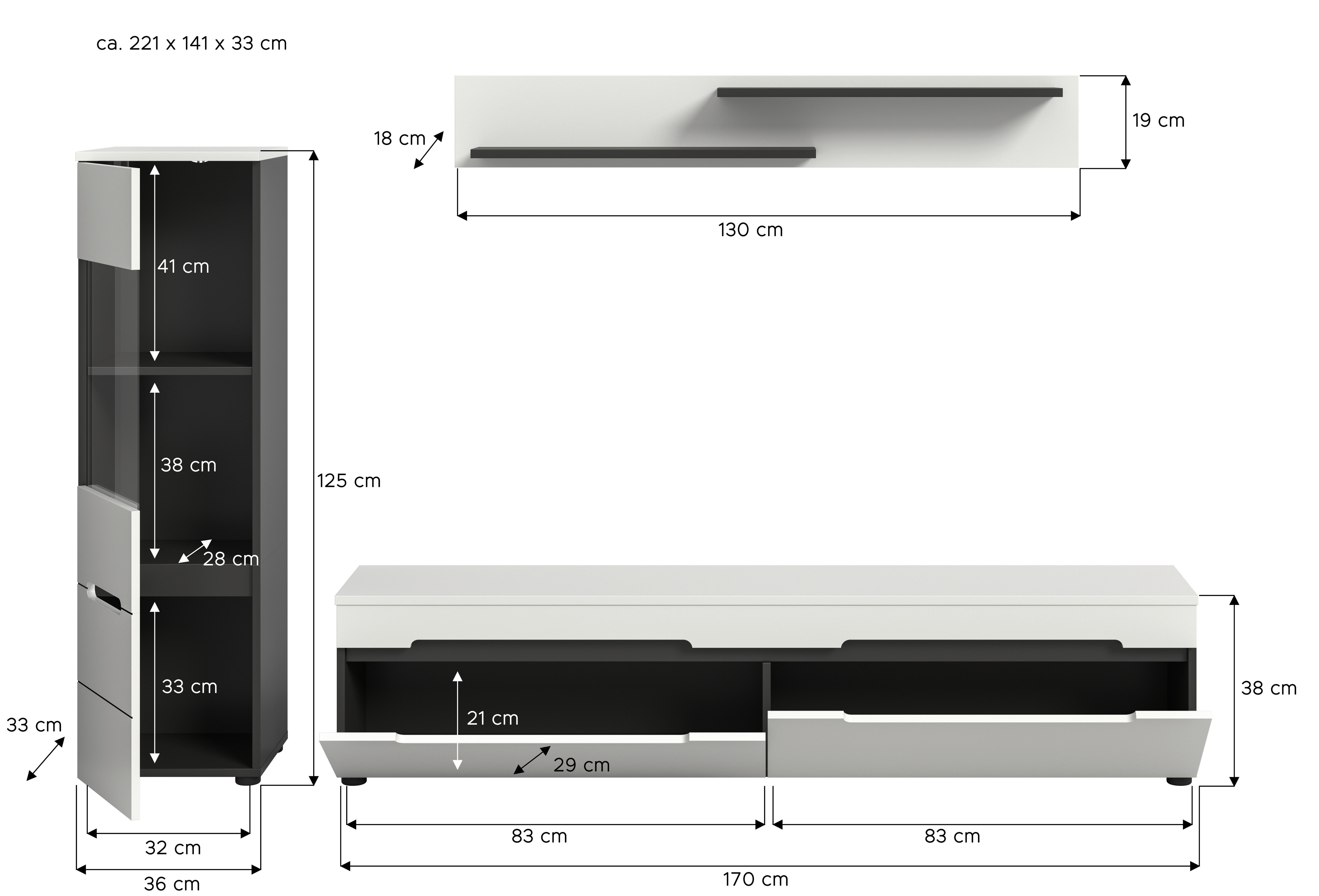 Thumbnail - Wohnwand Canu basaltgrau weiß B/H/T: ca. 221x141x33 cm