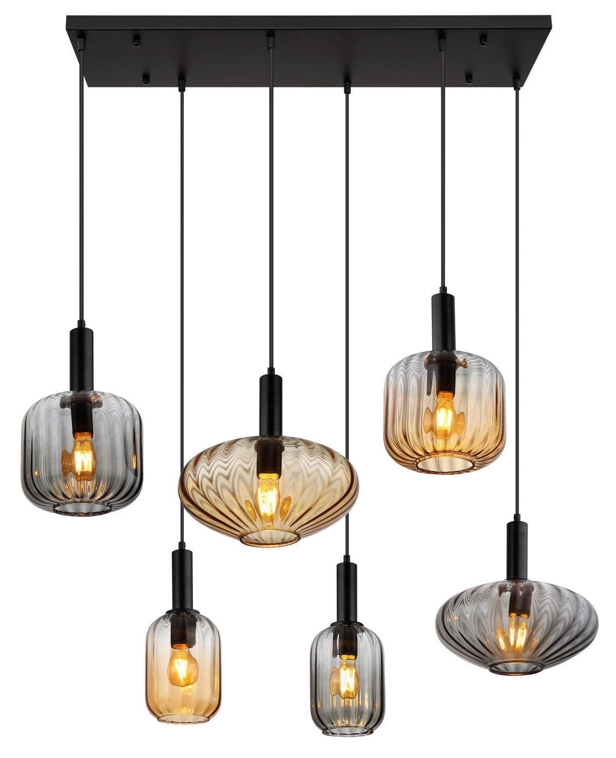 GLOBO Pendelleuchte schwarz Rauch amber Metall Glas PVC B/H/L: ca. 47x150x100 cm E27 6 Brennstellen VALLETTA - schwarz/amber (100,00/47,00/150,00cm) - GLOBO