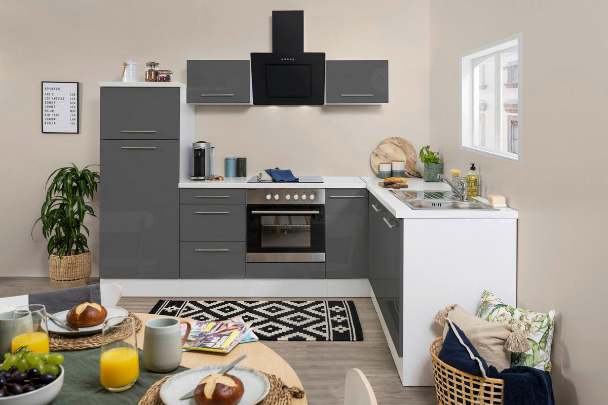 Respekta Winkelküche Amanda grau Hochglanz B/H/T: ca. 260x200x60 cm Amanda - weiß/Edelstahloptik (260,00/200,00/60,00cm) - Respekta