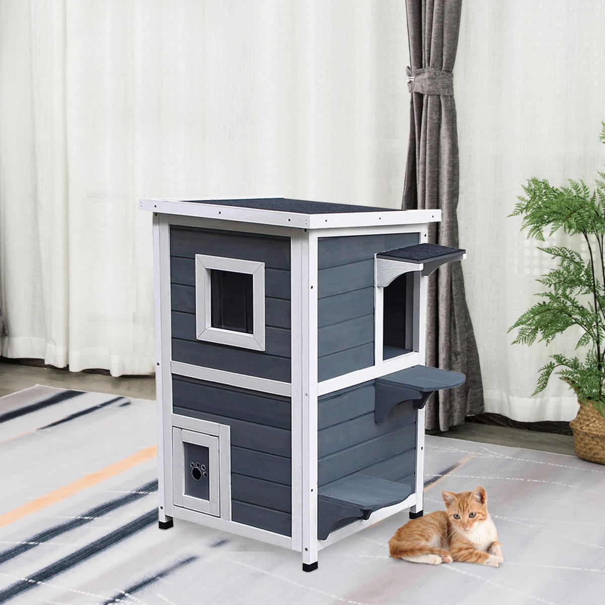 PawHut Katzenvilla grau Holz B/H/L: ca. 51x81x51 cm Katzenvilla - weiß/grau (51,00/51,00/81,00cm) - PawHut