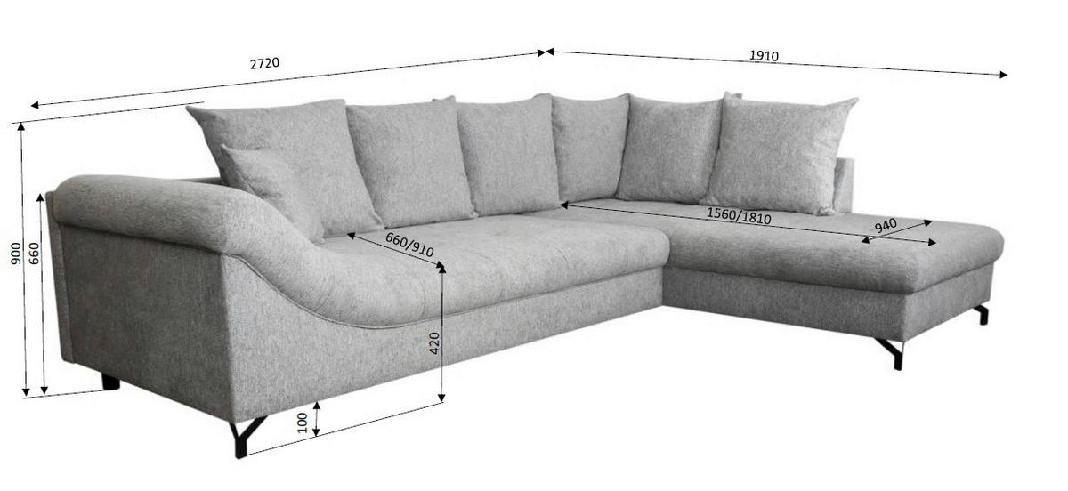 Ecksofa Orlean grau Polyester B/H/T: ca. 270x90x190 cm Orlean - schwarz/grau (270,00/90,00/190,00cm)