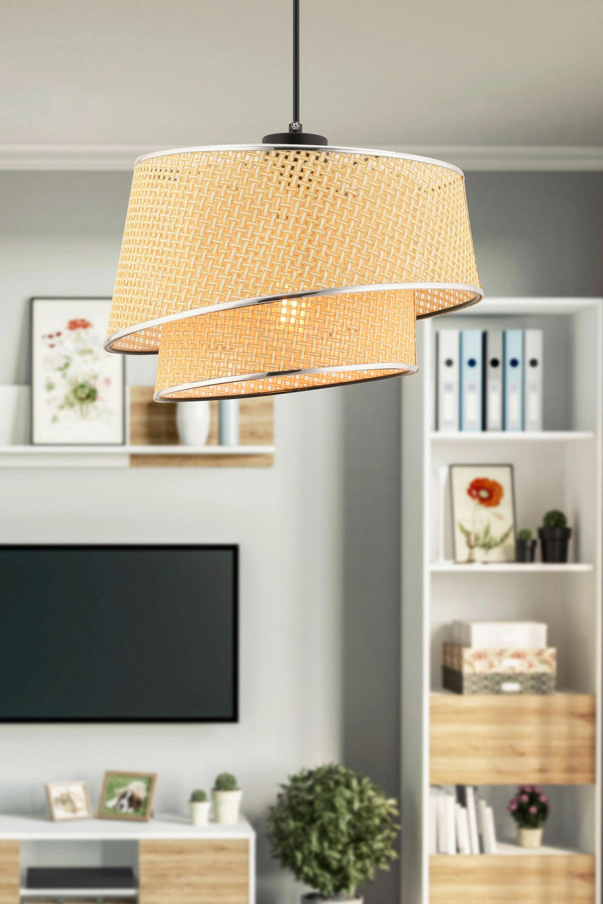 Opviq Pendelleuchte kamel silber Stoff Metall B/H/L: ca. 32x65x32 cm E27 1 Brennstellen Barette Hazeran - silber/kamel (32,00/32,00/65,00cm) - Opviq