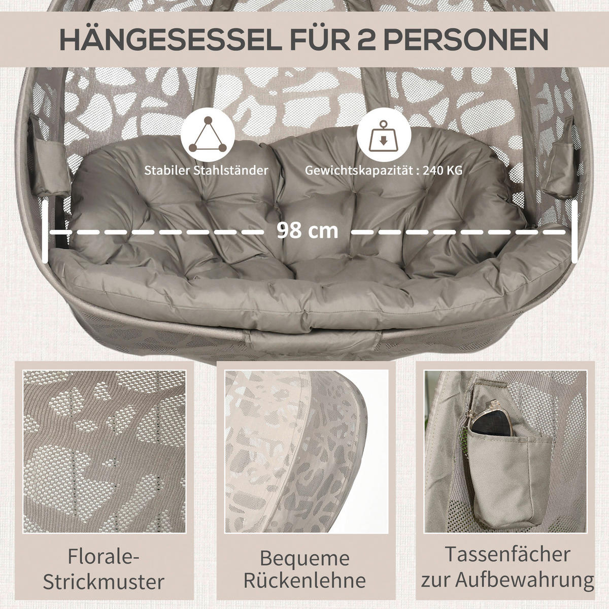Outsunny Hängesessel mit Sitzkissen sand Polyester B/H/L: ca. 103x172x130 cm Hängesessel_mit_Sitzkissen - sand (130,00/103,00/172,00cm) - Outsunny