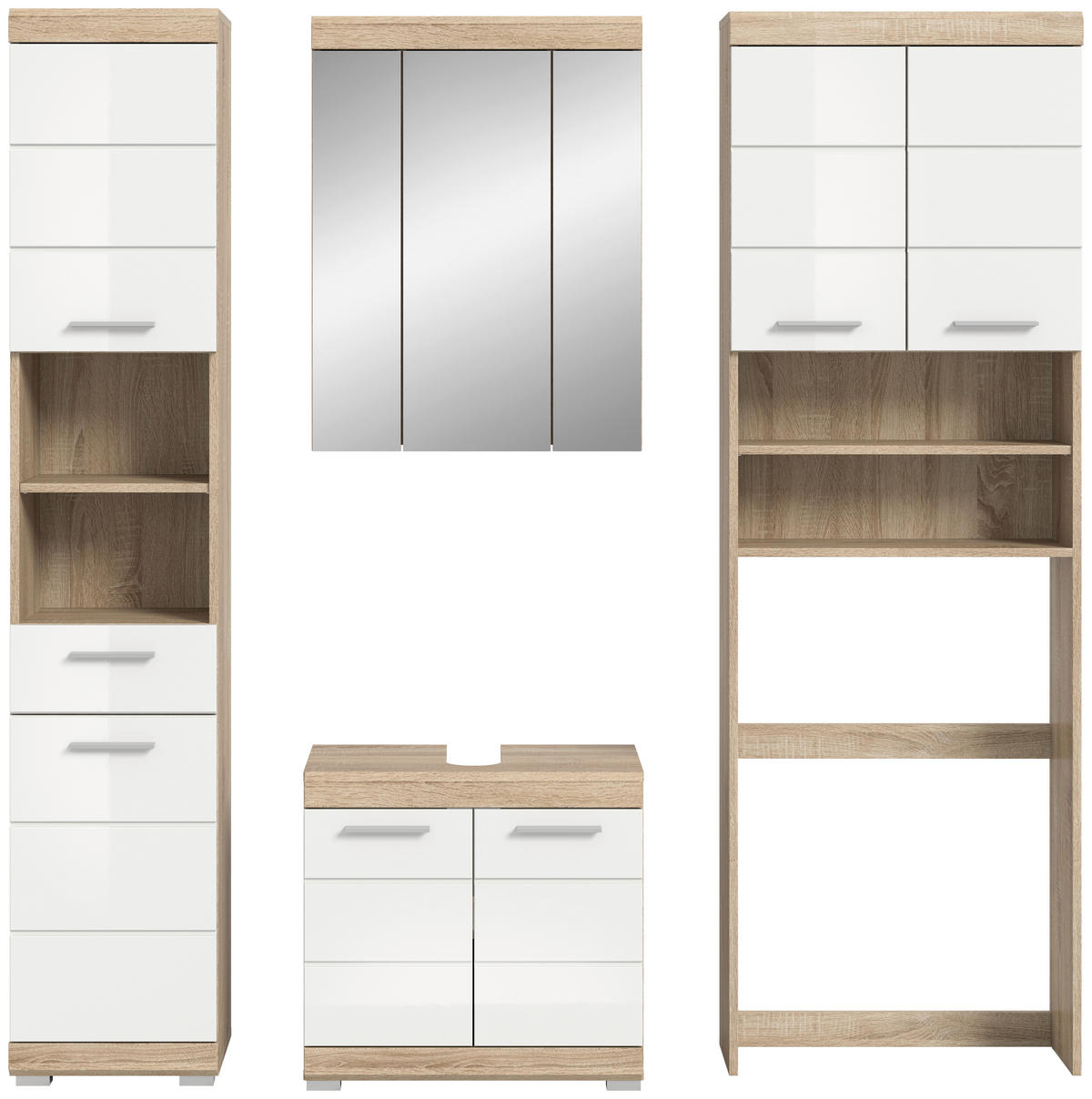 Badezimmer-Set Lambada Eiche Sonoma Nachbildung weiß Hochglanz B/H/T: ca. 190x191x34 cm Lambada - Eiche/weiß (190,00/191,00/34,00cm) - xonox.home