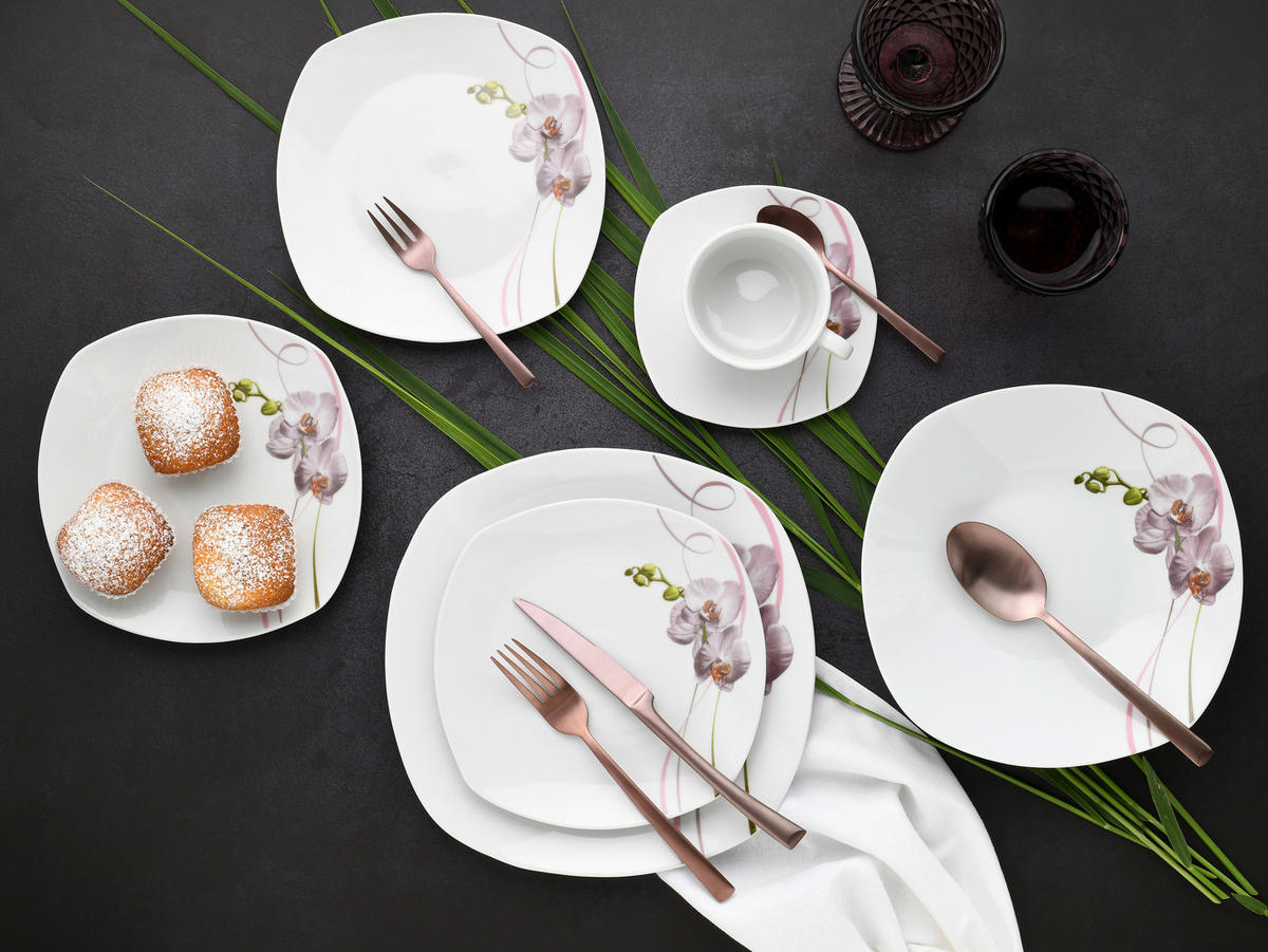 CreaTable Kombiservice Square Orchidee weiß Porzellan 30 tlg. Square Orchidee - weiß/mauve - CreaTable
