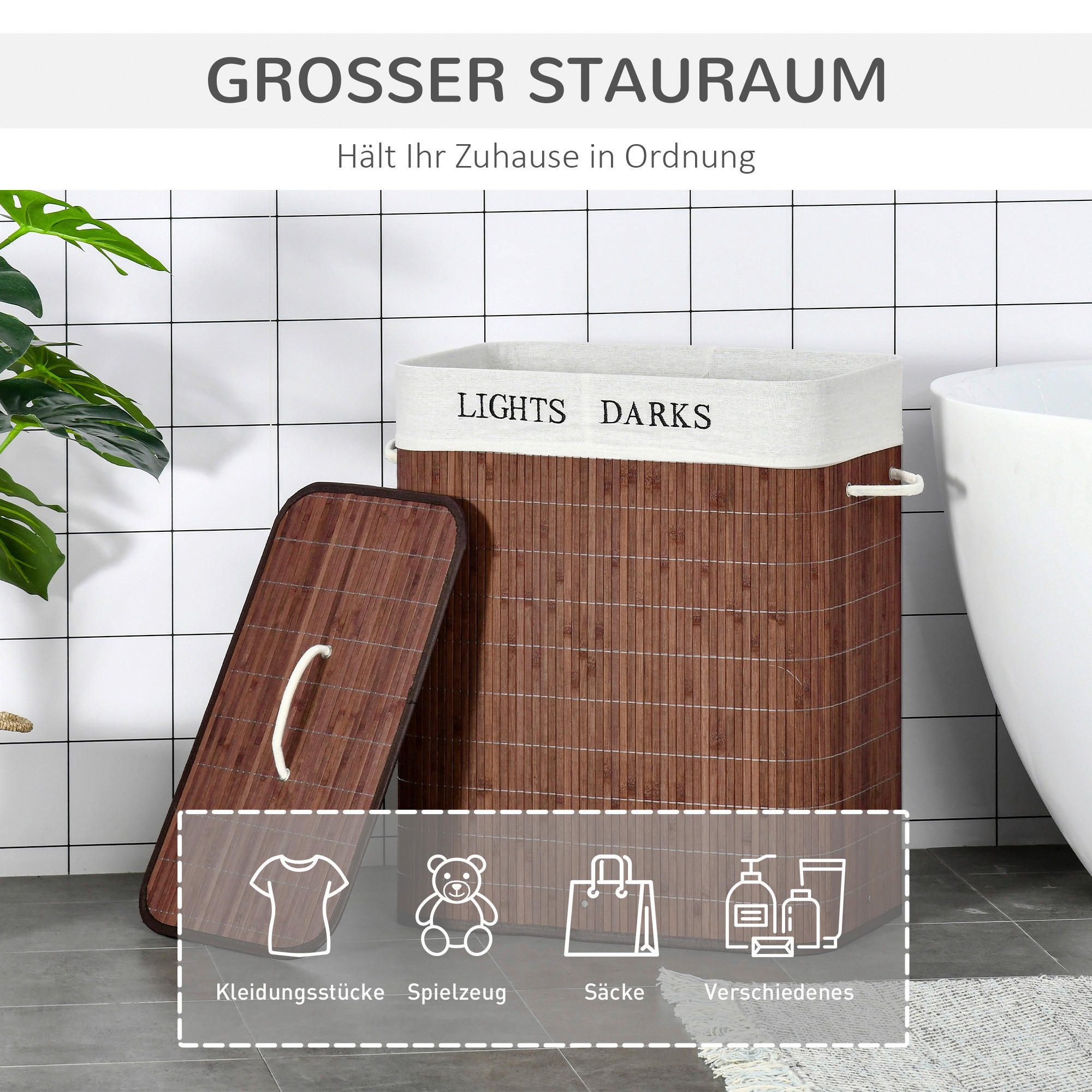 HOMCOM Wäschekorb weiß B/H/L: ca. 32x52x63 cm Wäschekorb - braun/weiß (63,00/32,00/52,00cm) - HOMCOM
