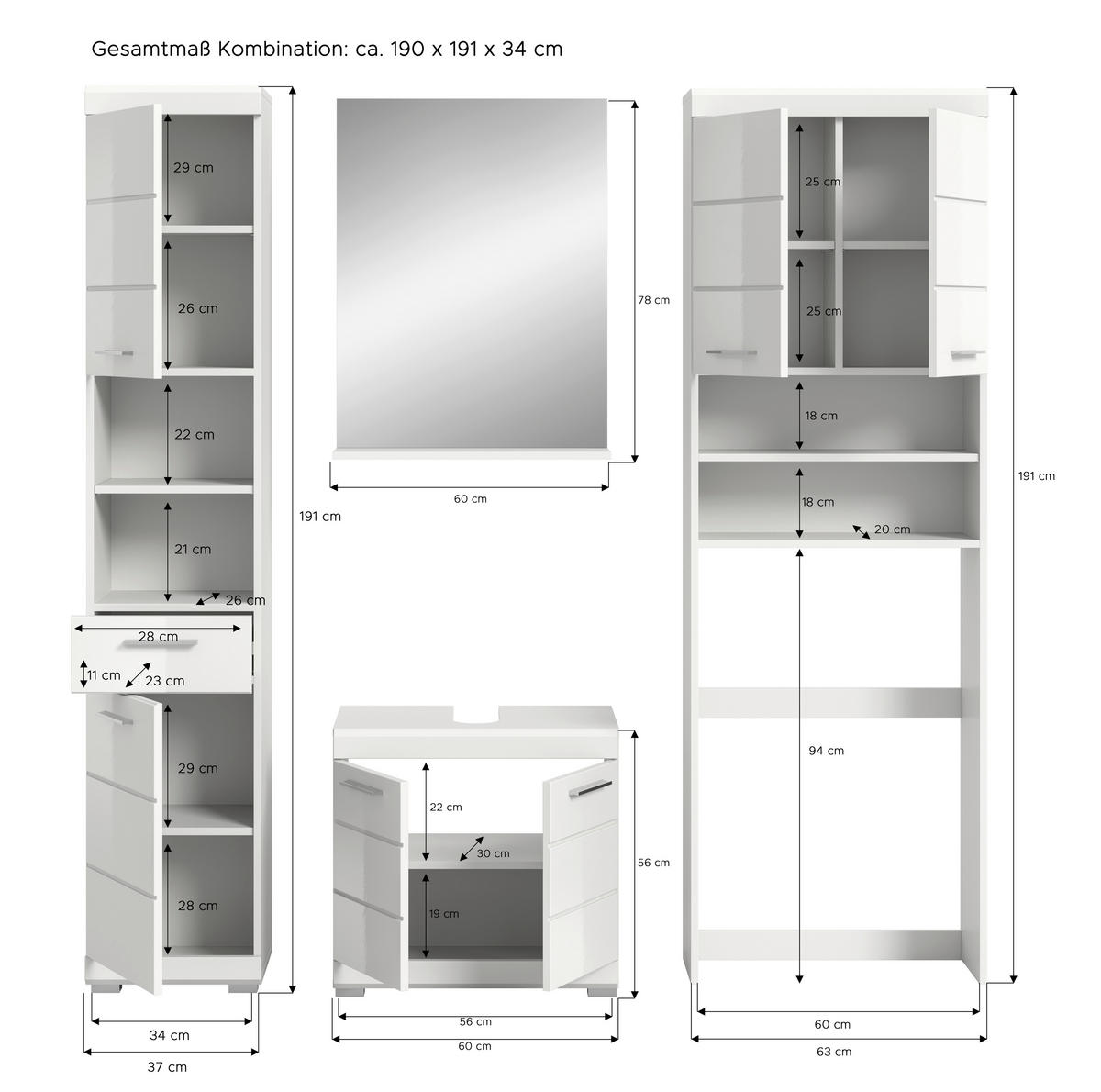 Badezimmer-Set Scout weiß weiß Hochglanz B/H/T: ca. 190x191x34 cm Scout - weiß (190,00/191,00/34,00cm) - xonox.home