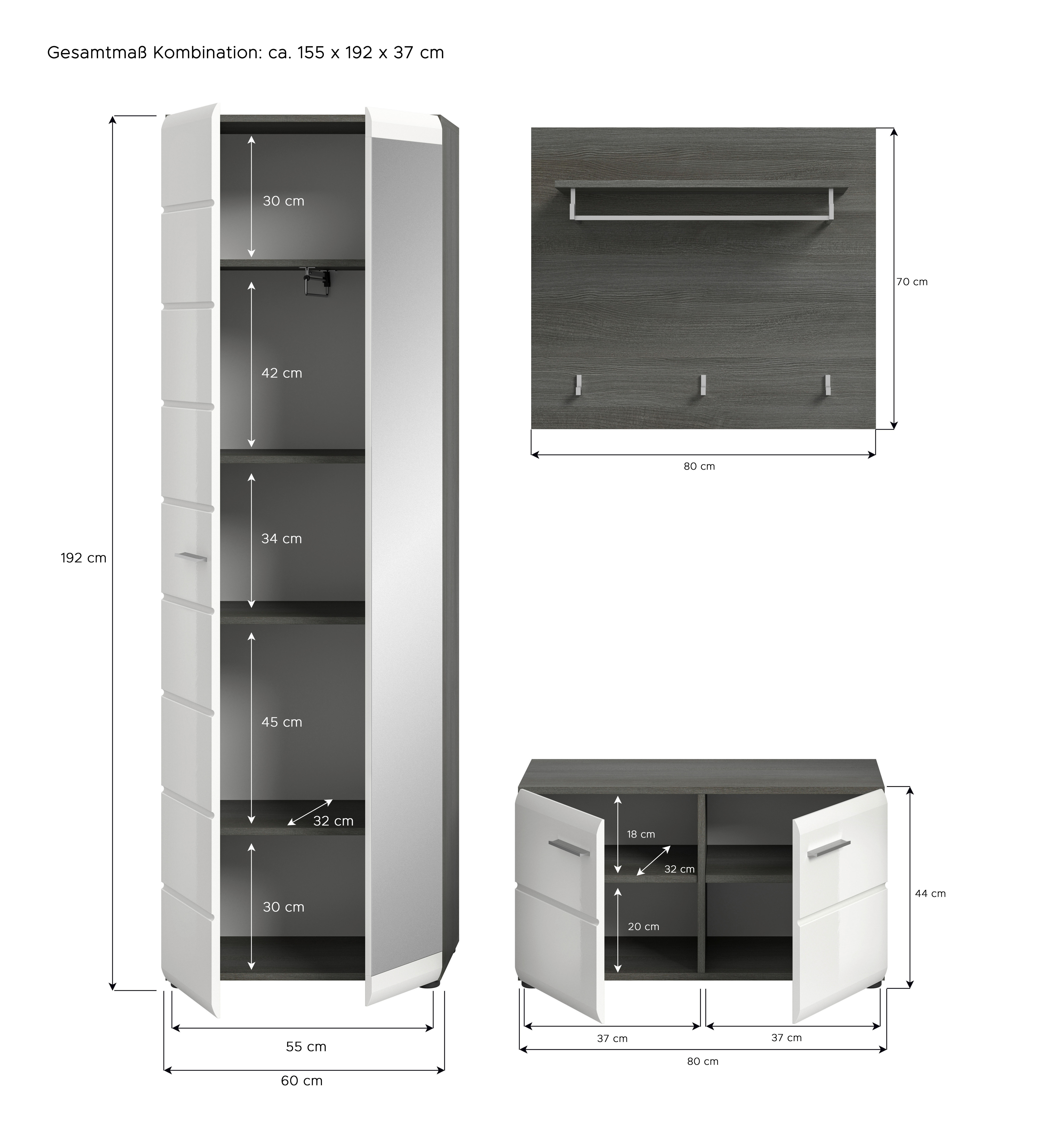 Garderobe SALSA Eiche Rauchsilber Nachbildung weiß Hochglanz B/H/T: ca. 155x192x37 cm SALSA - Eiche/weiß (155,00/192,00/37,00cm) - xonox.home