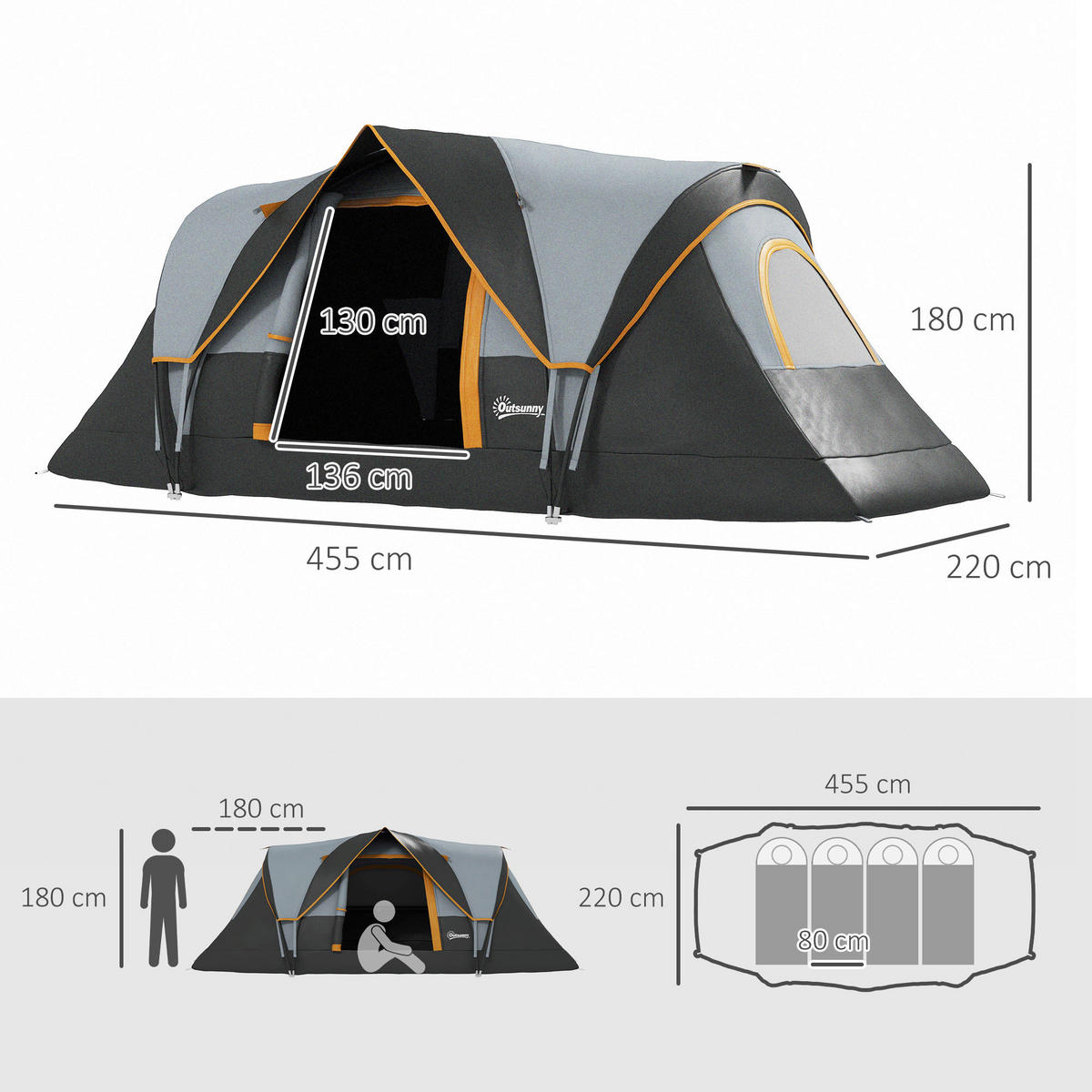 Outsunny Campingzelt schwarz Stahl B/H/L: ca. 220x180x455 cm Campingzelt - hellgrau/schwarz (455,00/220,00/180,00cm) - Outsunny
