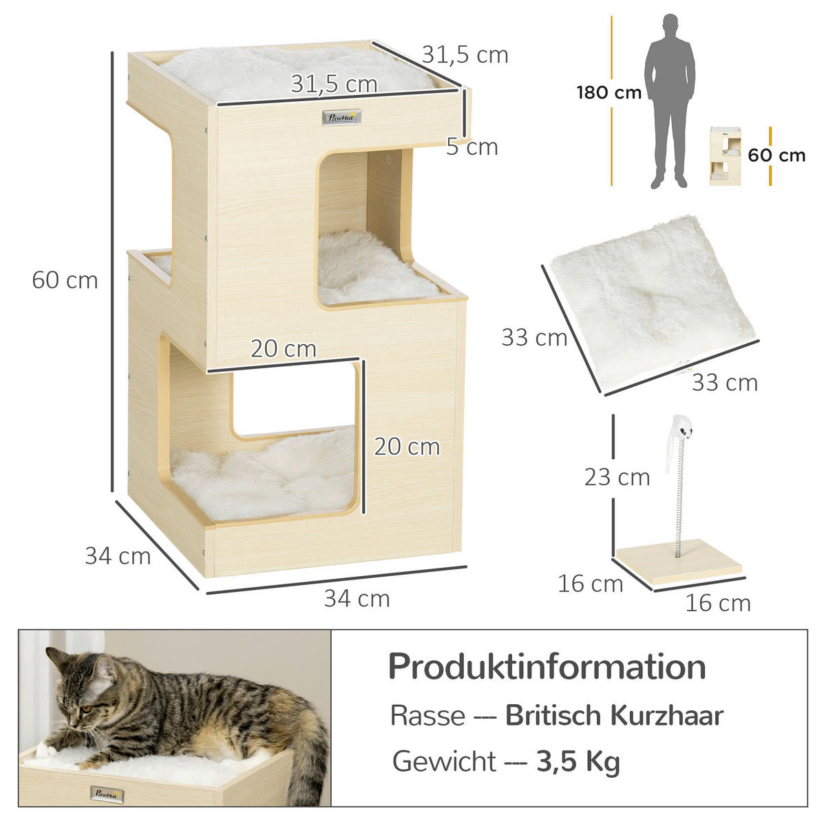 PawHut Katzenhaus Eiche Spanplatte B/H/L: ca. 34x60x34 cm Katzenhaus - Eiche (34,00/34,00/60,00cm) - PawHut