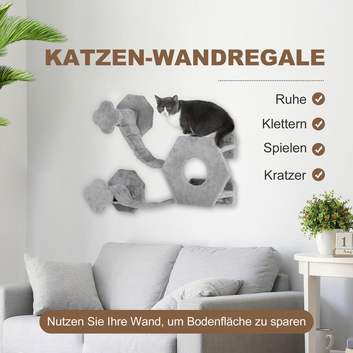 PawHut Katzen Kletterwand hellgrau Spanplatte B/H/L: ca. 30x38x154 cm Katzen Kletterwand - hellgrau (154,00/30,00/38,00cm) - PawHut