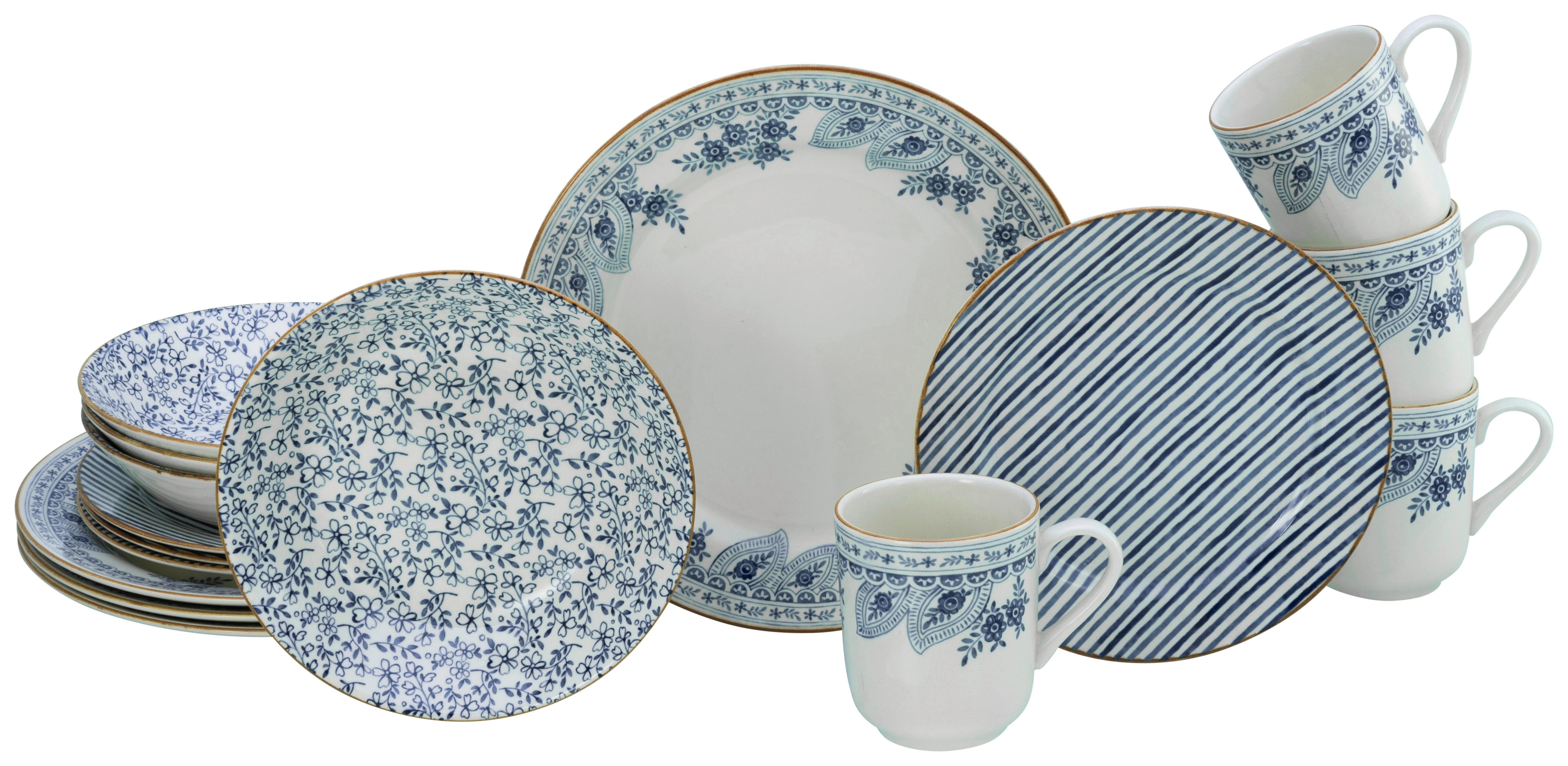 CreaTable Tafelservice Euböa blau Steingut 16 tlg. Euböa - blau (33,00/33,00/30,50cm) - CreaTable