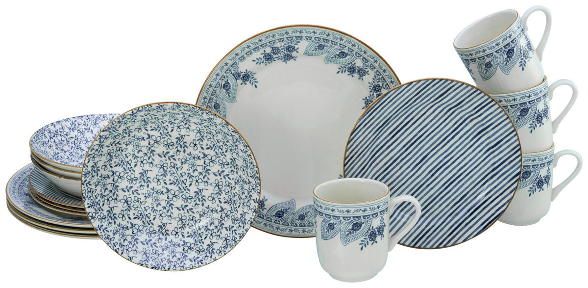 CreaTable Tafelservice Euböa blau Steingut 16 tlg. Euböa - blau (33,00/33,00/30,50cm) - CreaTable