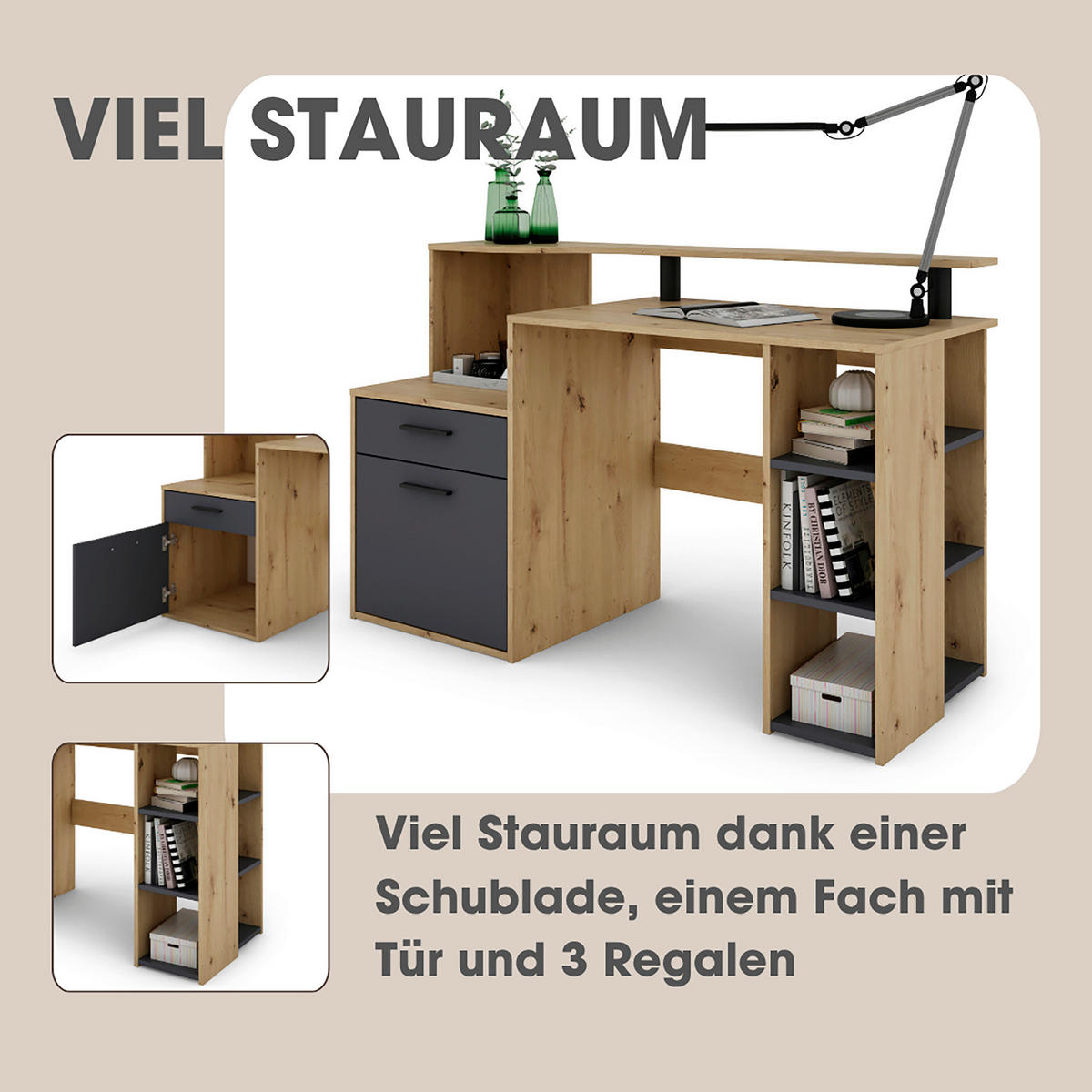 Schreibtisch LOUIS Eiche anthrazit B/H/T: ca. 140x89x55 cm LOUIS - Eiche/anthrazit (140,00/89,00/55,00cm) - byLIVING