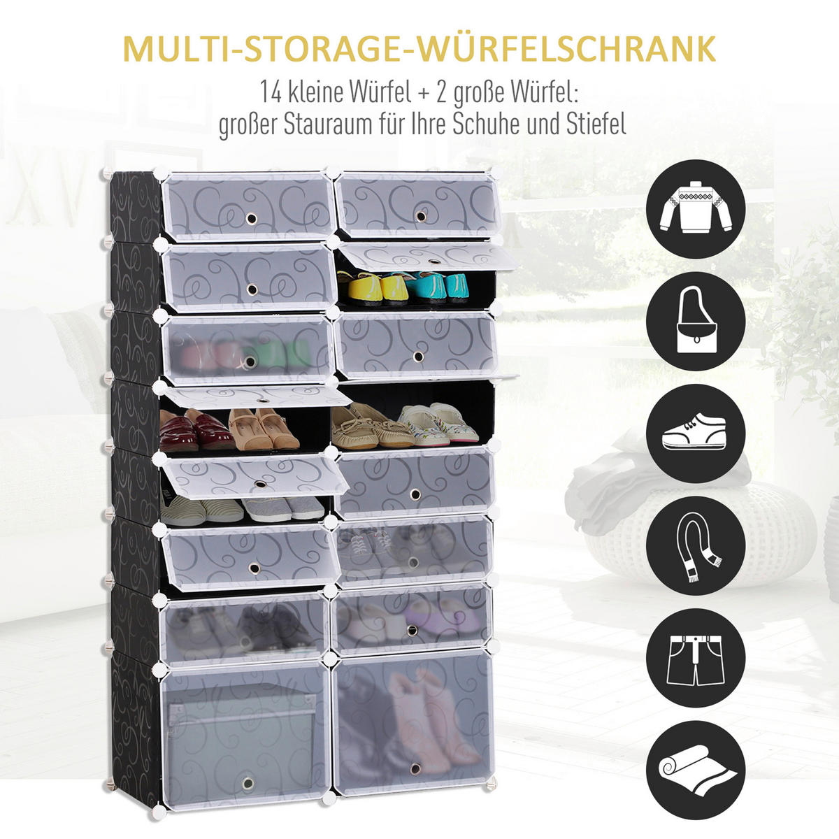 HOMCOM Schuhregal schwarz Metall B/H/L: ca. 37x95x160 cm Schuhschrank_mit_Stecksystem - schwarz (160,00/37,00/95,00cm) - HOMCOM