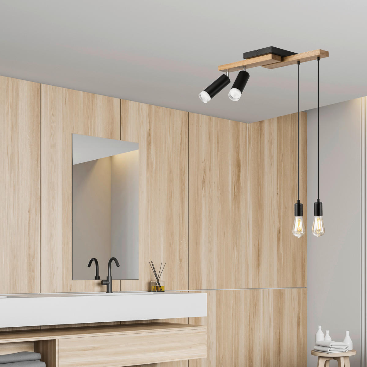 Lamkur Pendelleuchte schwarz Holz B/H/L: ca. 20x86x64 cm E27 4 Brennstellen CORTINA - schwarz (64,00/20,00/86,00cm) - Lamkur