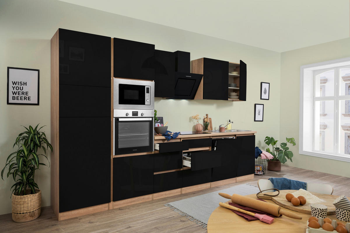 Respekta Küchenblock Premium schwarz hochglänzend B/H/T: ca. 345x220,5x60 cm Premium - Eiche/schwarz (345,00/220,50/60,00cm) - Respekta