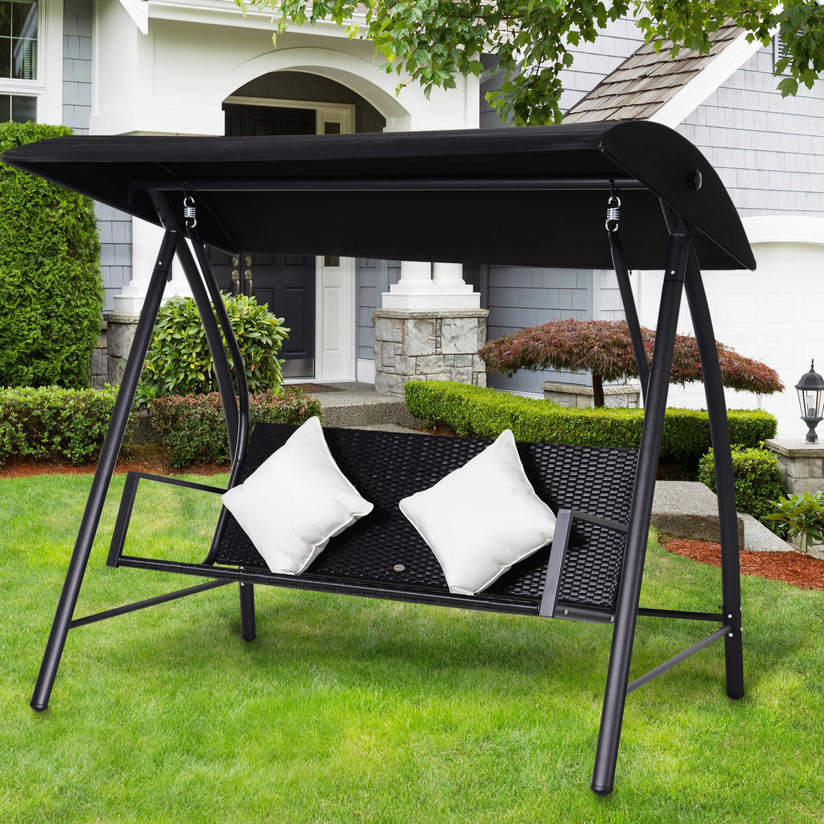Outsunny Hollywoodschaukel schwarz Polyrattan B/H/L: ca. 124x179x198 cm Hollywoodschaukel_mit_Kissen - schwarz (198,00/124,00/179,00cm) - Outsunny