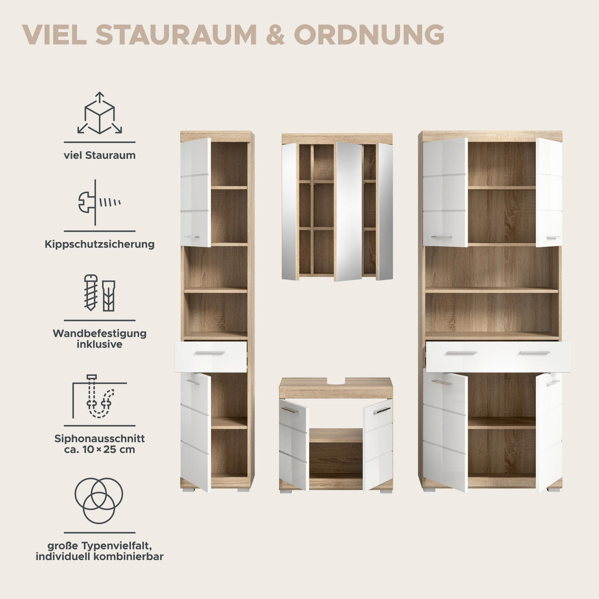Badezimmer-Set Lambada Eiche Sonoma Nachbildung weiß Hochglanz B/H/T: ca. 186x191x34 cm Lambada - Eiche/weiß (186,00/191,00/34,00cm) - xonox.home