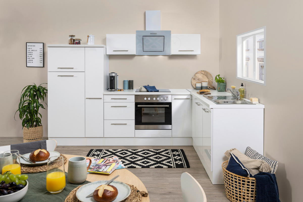 Respekta Winkelküche Amanda weiß Hochglanz B/T/L: ca. 290x60x200 cm Amanda - weiß/Edelstahloptik (290,00/200,00cm) - Respekta