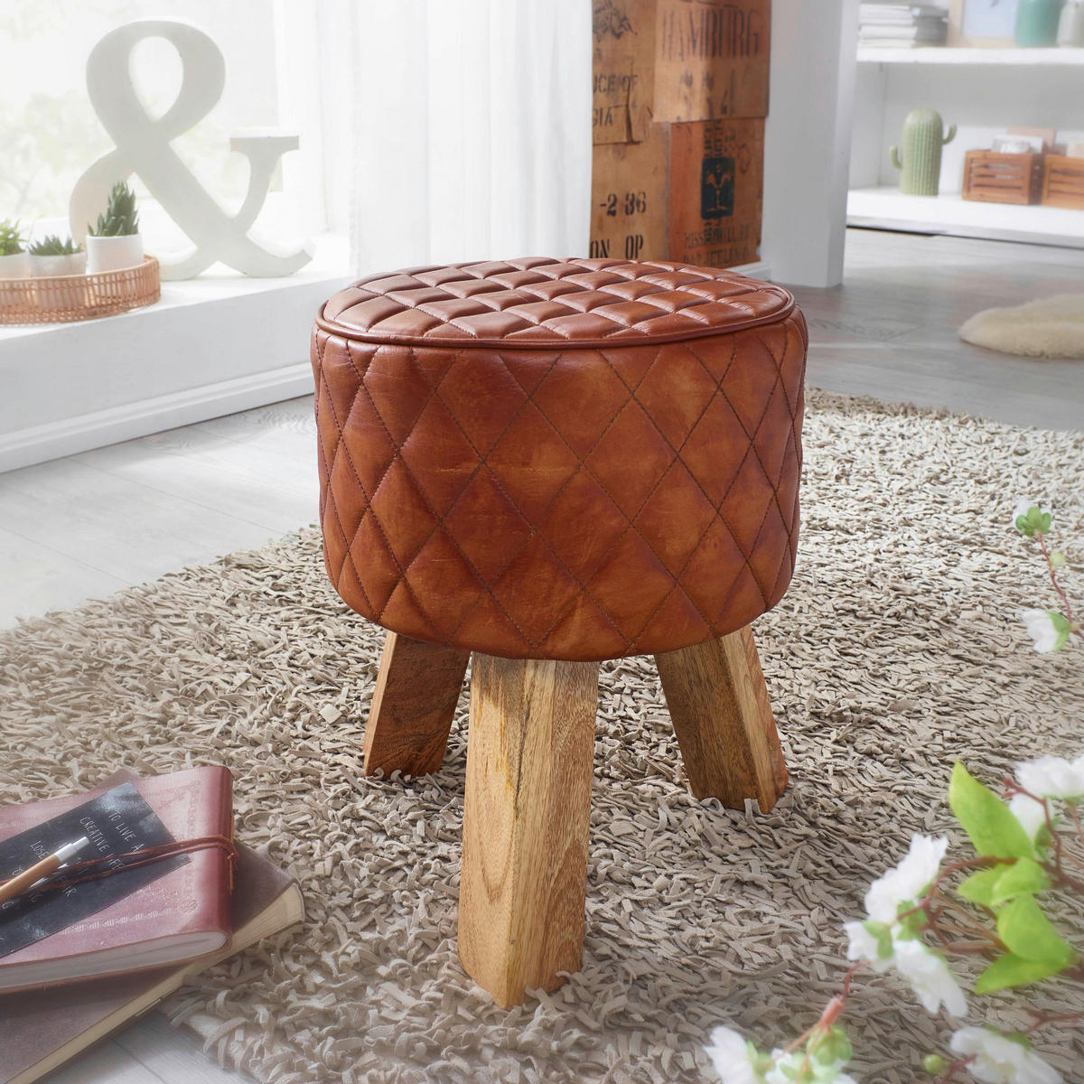 Wohnling Sitzhocker braun natur Leder Echtholz B/H/T: ca. 35x46x35 cm Sitzhocker - braun/natur (35,00/46,00/35,00cm) - Wohnling