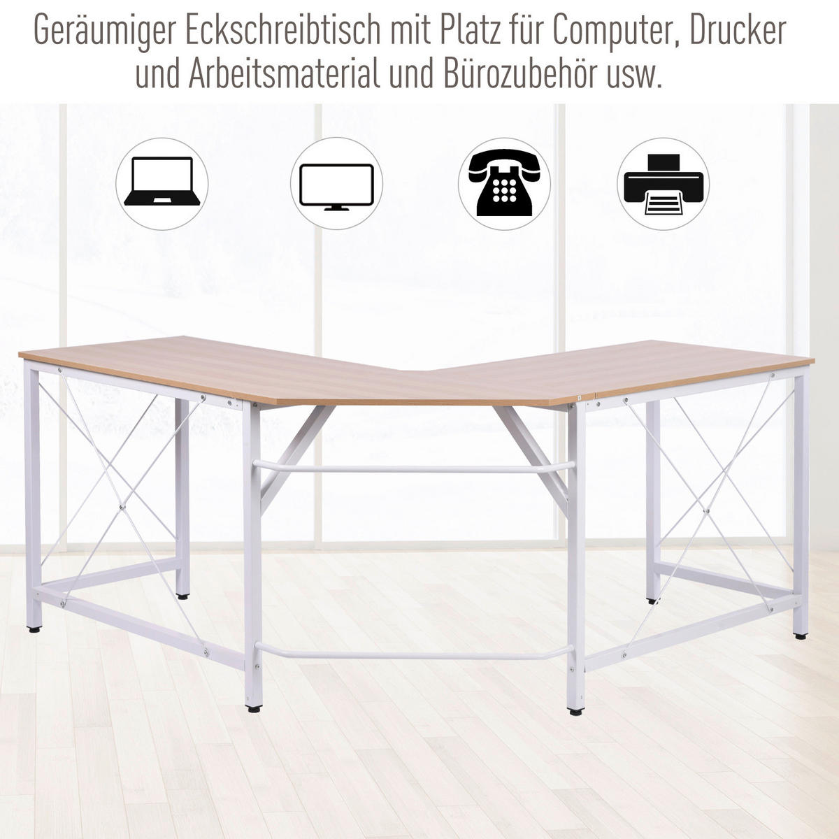 Computertisch 836-122AK natur weiß B/H/L: ca. 150x76x150 cm 836-122AK - weiß/natur (150,00/150,00/76,00cm) - HOMCOM