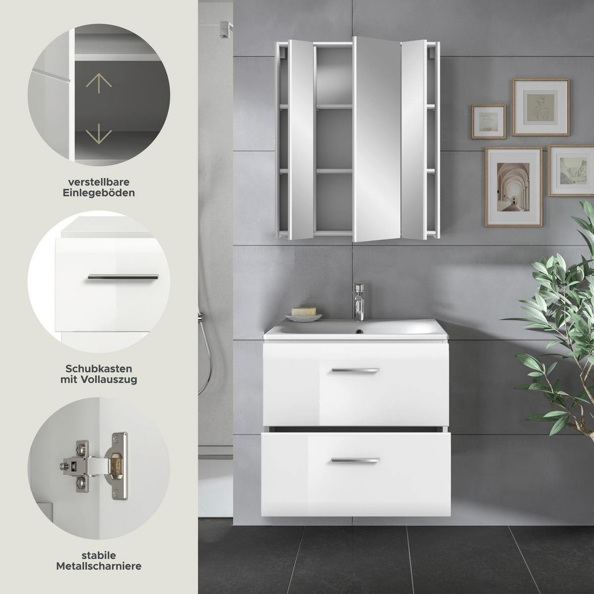 Badezimmer-Set Ice weiß weiß Hochglanz B/H/T: ca. 60x185x46 cm Ice - weiß (60,00/185,00/46,00cm) - xonox.home