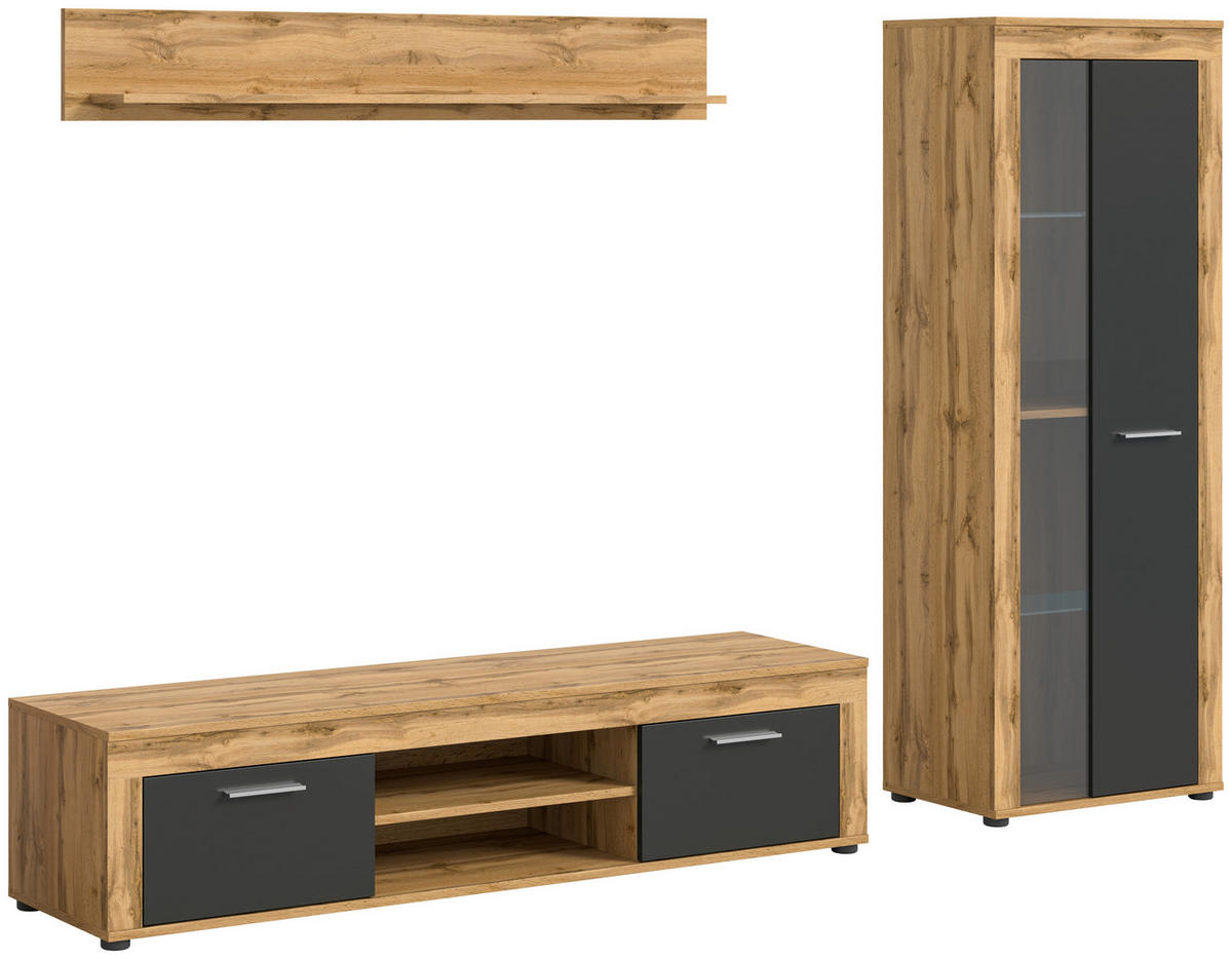 Wohnwand Jam Eiche Wotan Nachbildung grau B/H/T: ca. 235x159x35 cm Jam - Eiche/grau (235,00/159,00/35,00cm) - xonox.home
