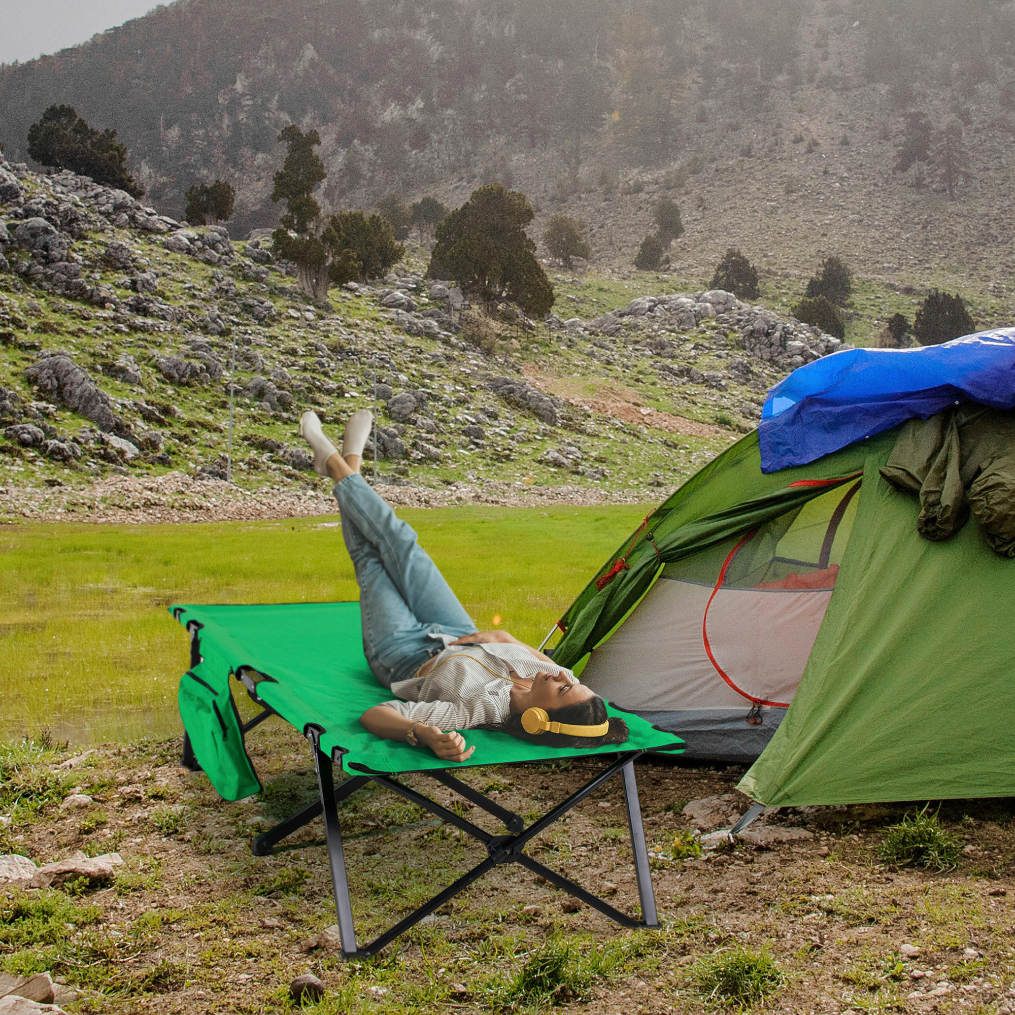 Outsunny Campingbett B/H/L: ca. 65x40x195 cm Campingbett - schwarz/grün (195,00/65,00/40,00cm) - Outsunny