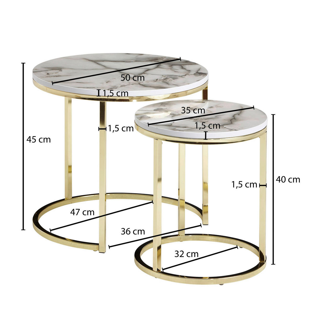 Couchtisch 2er-Set. weiß Marmor Optik gold lackiert 2er-Set. - gold/weiß - Wohnling