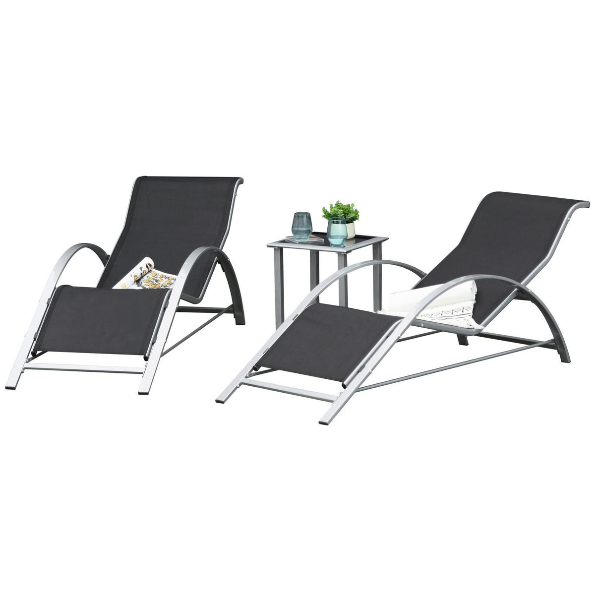 Outsunny Gartenliege-Set mit Tisch schwarz Metall B/H/T: ca. 59x66x169 cm Gartenliege-Set mit Tisch - schwarz (59,00/66,00/169,00cm) - Outsunny