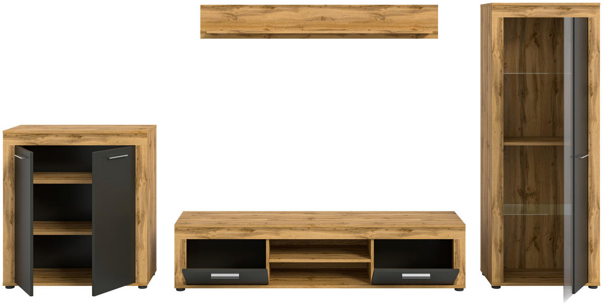 Wohnwand Jam Eiche Wotan Nachbildung grau B/H/T: ca. 330x159x35 cm Jam - Eiche/grau (330,00/159,00/35,00cm) - xonox.home