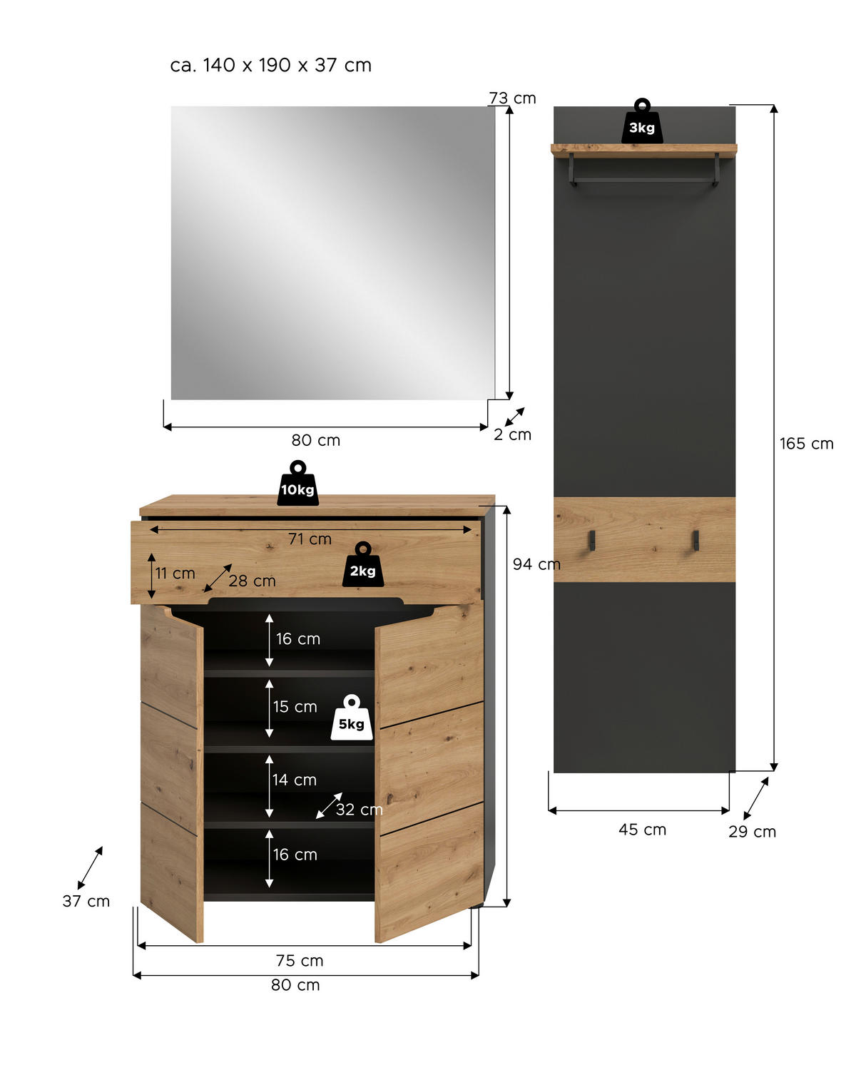 Garderobe Canu basaltgrau Nachbildung Artisan Nachbildung B/H/T: ca. 140x190x37 cm Canu - basaltgrau (140,00/190,00/37,00cm) - xonox.home