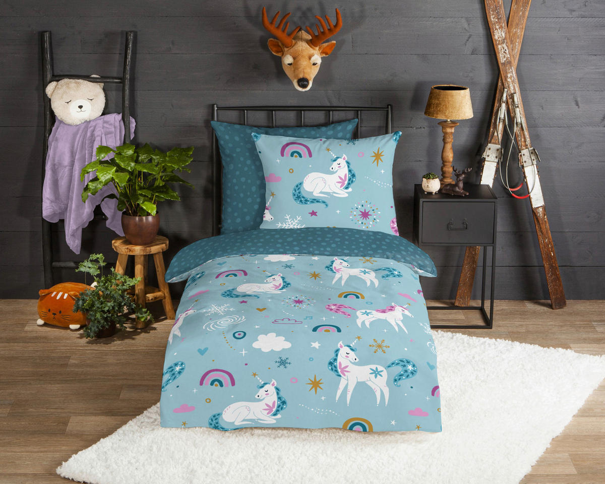 Baumwoll Bettwäsche Snowycorn Flanell Snowycorn - blau (135,00/200,00cm) - Good Morning