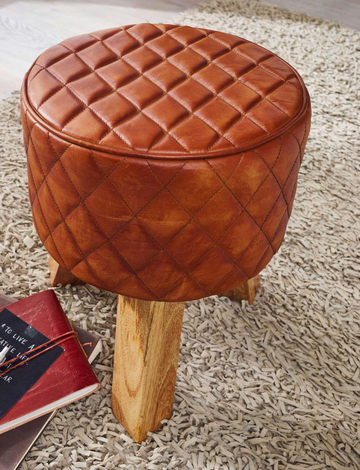 Wohnling Sitzhocker braun natur Leder Echtholz B/H/T: ca. 35x46x35 cm Sitzhocker - braun/natur (35,00/46,00/35,00cm) - Wohnling