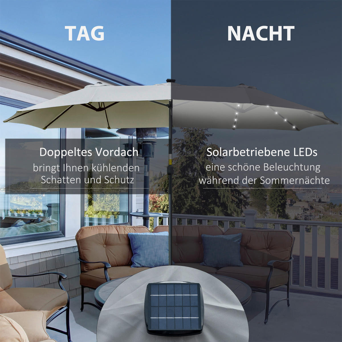Outsunny Sonnenschirm mit Solar-LED-Leuchte bunt Metall B/H/L: ca. 265x240x450 cm Sonnenschirm_mit_Solar-LED-Leuchte - bunt (450,00/265,00/240,00cm) - Outsunny