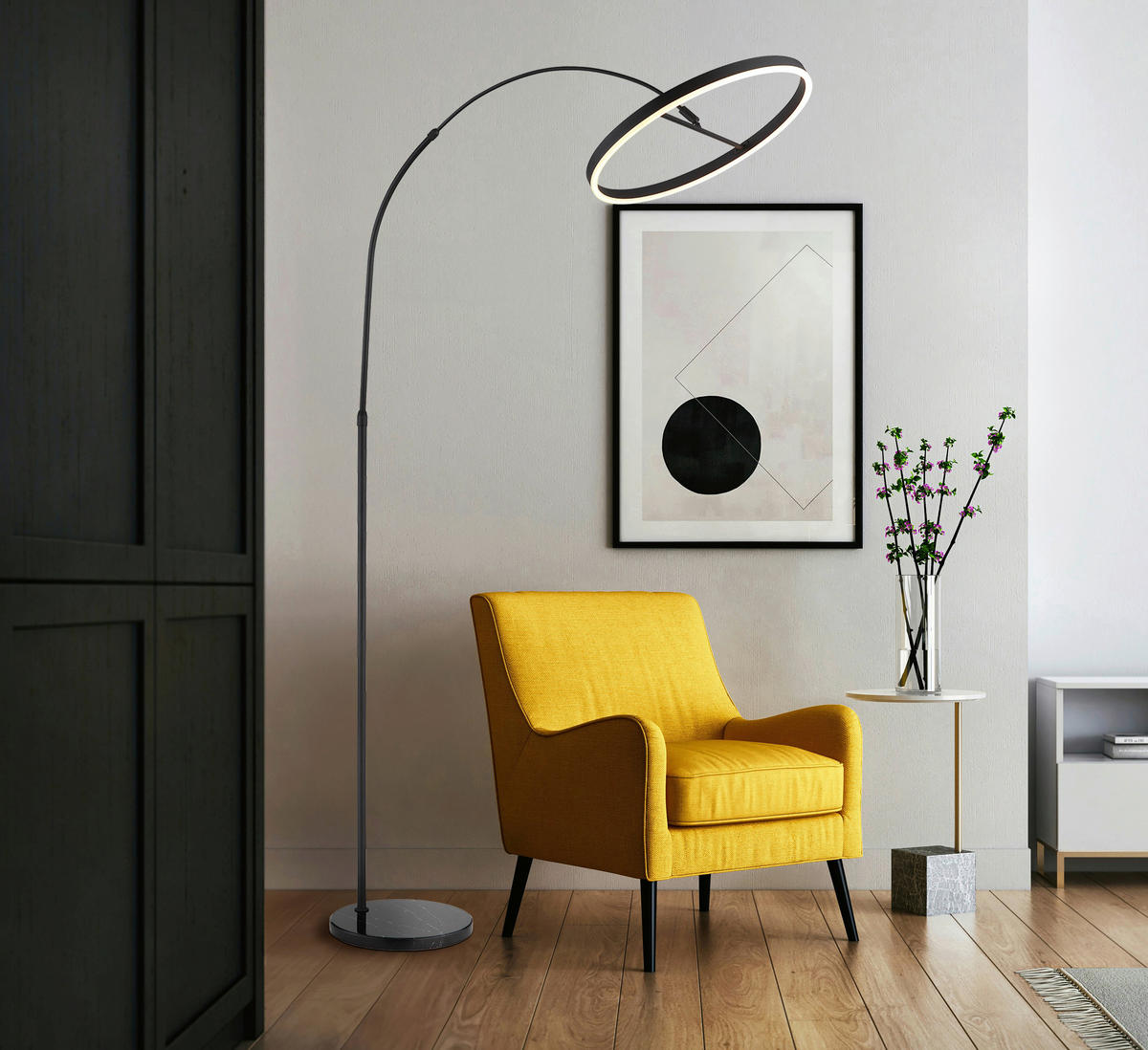 GLOBO LED-Stehleuchte mattschwarz Opal Kunststoff Metall Marmor B/H/L: ca. 50x203x107 cm 1 Brennstellen JERROLD - Opal/mattschwarz (107,00/50,00/203,00cm) - GLOBO