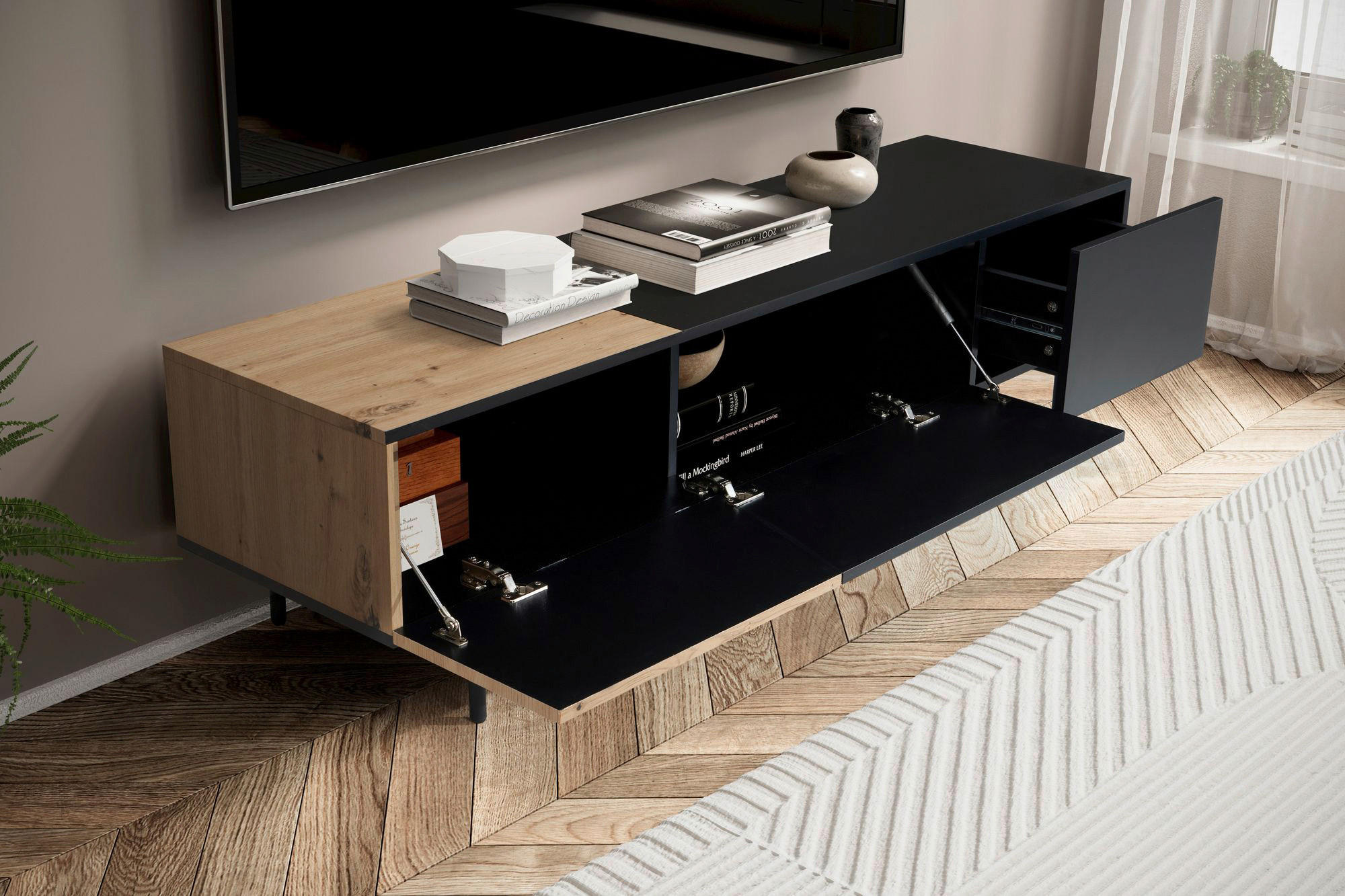 Lowboard schwarz Eiche Optik B/H/T: ca. 150x40x40 cm TV & Lowboard - schwarz (150,00/40,00/40,00cm) - Wohnling