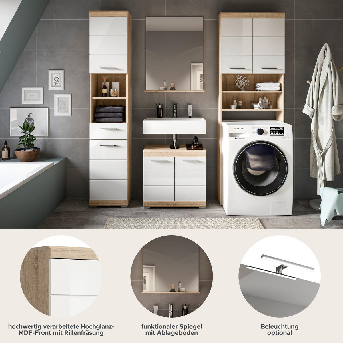 Badezimmer-Set Lambada Eiche Sonoma Nachbildung weiß Hochglanz B/H/T: ca. 190x191x34 cm Lambada - Eiche/weiß (190,00/191,00/34,00cm) - xonox.home