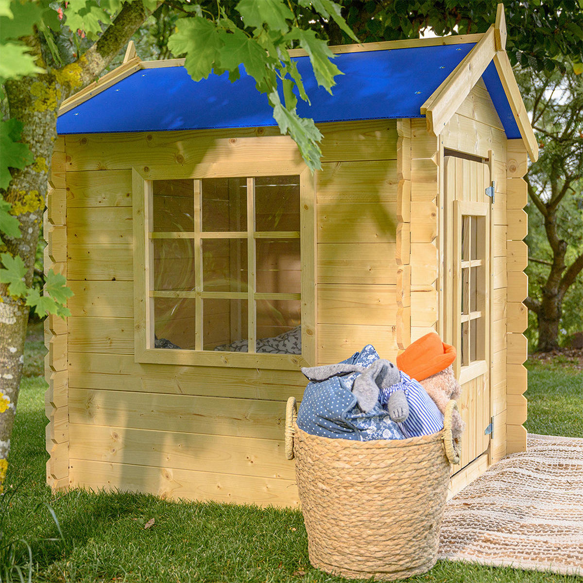 Timbela Kinderspielhaus M570M blau B/H/L: ca. 114x121x111 cm M570M - blau/natur (111,00/114,00/121,00cm) - Timbela
