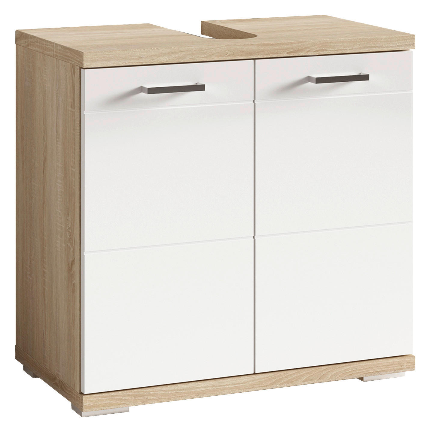 Waschbeckenunterschrank NEBRASKA Eiche Nachbildung weiß Lack Hochglanz silber B/H/T: ca. 60x59x31,5 cm NEBRASKA - Eiche/weiß (60,00/59,00/31,50cm) - byLIVING