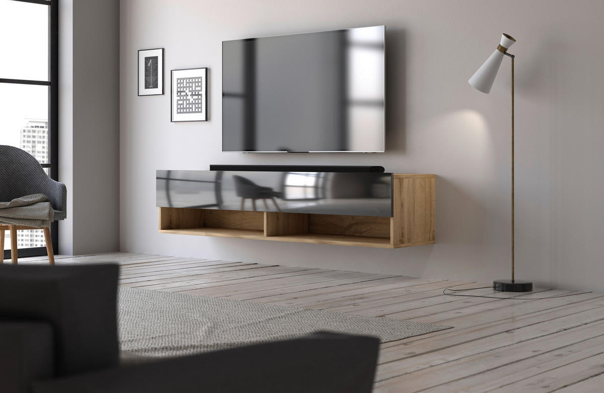 TV-Lowboard TV LOWBOARD DERBY 140 Eiche Wotan Nachbildung schwarz glänzend B/H/T: ca. 140x32,5x31,5 cm TV LOWBOARD DERBY 140 - Eiche/schwarz (140,00/32,50/31,50cm) - WIPMEB