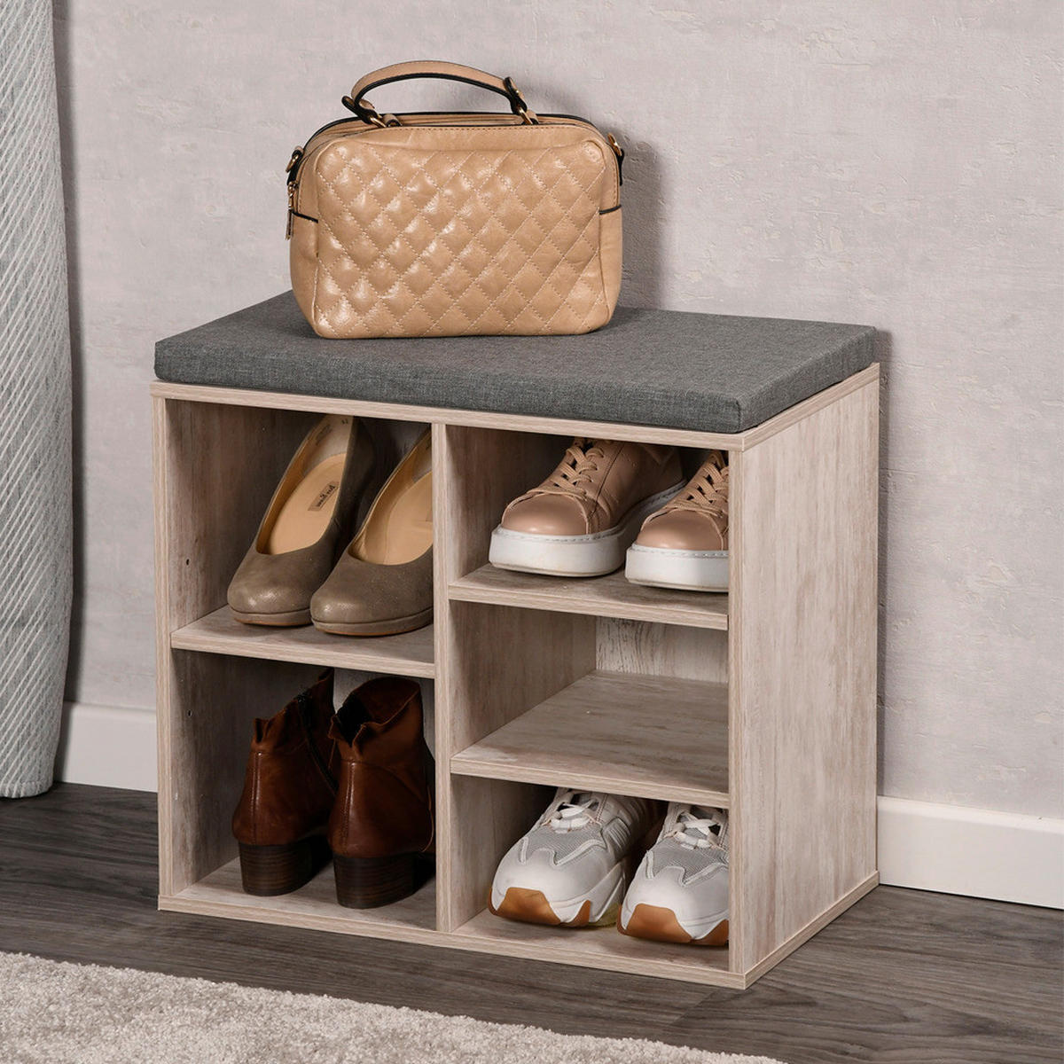 Kesper Schuhregal weißgrau Spanplatte B/H/L: ca. 29,5x48x51,5 cm Schuhregal_mit_Sitzkissen - weißgrau (51,50/29,50/48,00cm) - Kesper