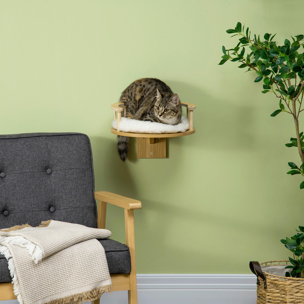 PawHut Katzen-Zubehör Eiche Edelstahl B/H/L: ca. 34x34x10,5 cm Katzen-Wandliege - Eiche/cremeweiß (10,50/34,00/34,00cm) - PawHut