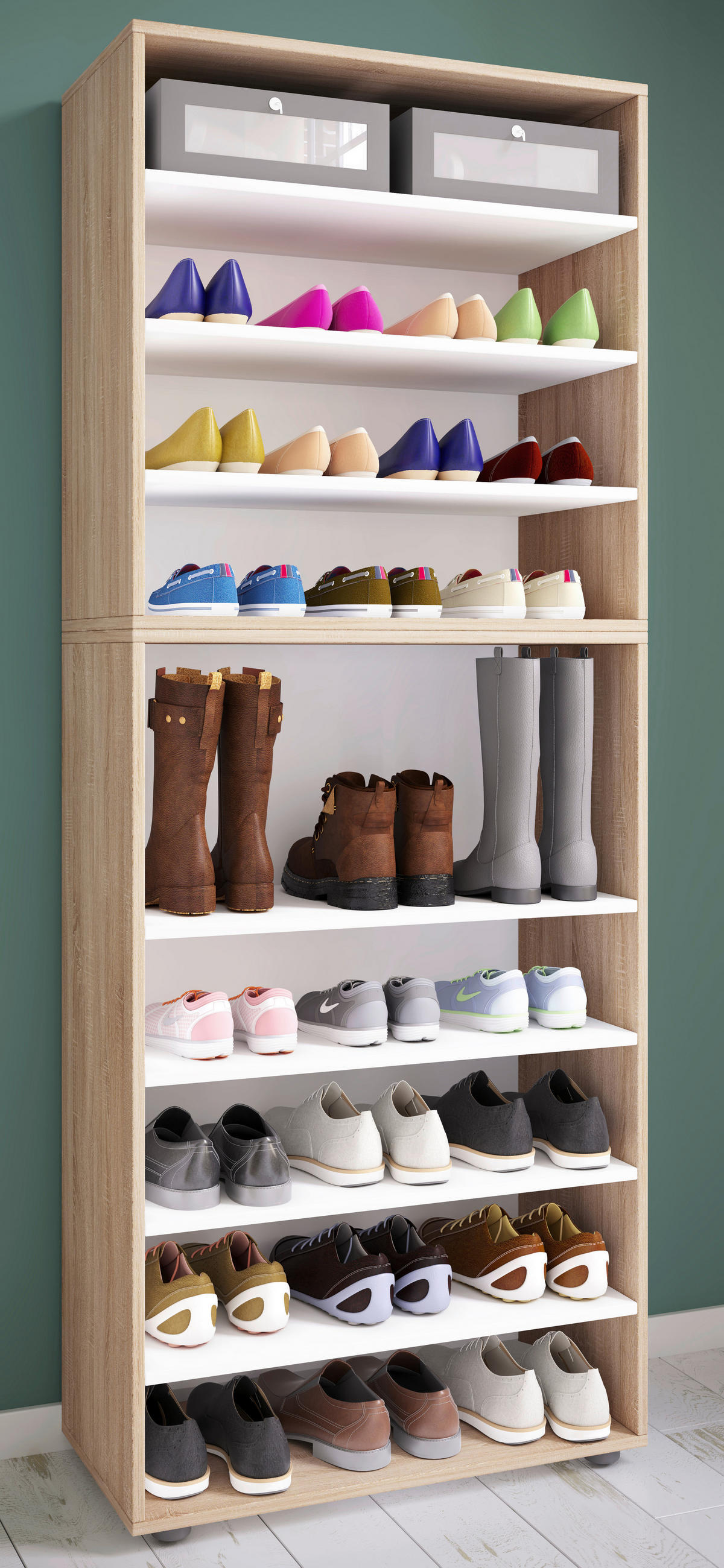 Schuhregal Lona Eiche Sonoma Nachbildung weiß B/H/T: ca. 70x183x37 cm Lona - Eiche/weiß (70,00/183,00/37,00cm) - VCM Möbel