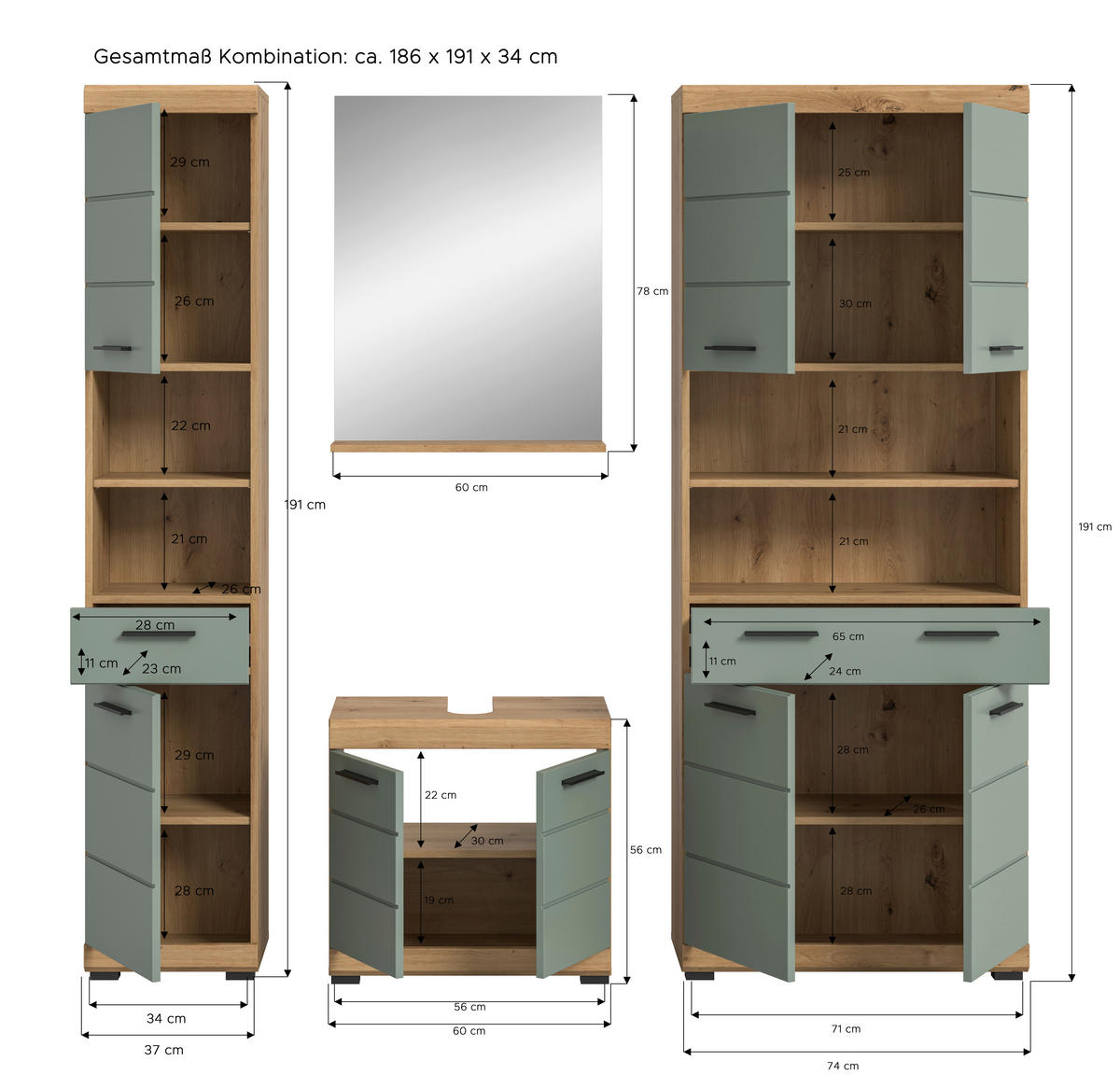 Badezimmer-Set Scout Eiche Artisan Nachbildung salbei Nachbildung B/H/T: ca. 186x191x34 cm Scout - Eiche/salbei (186,00/191,00/34,00cm) - xonox.home