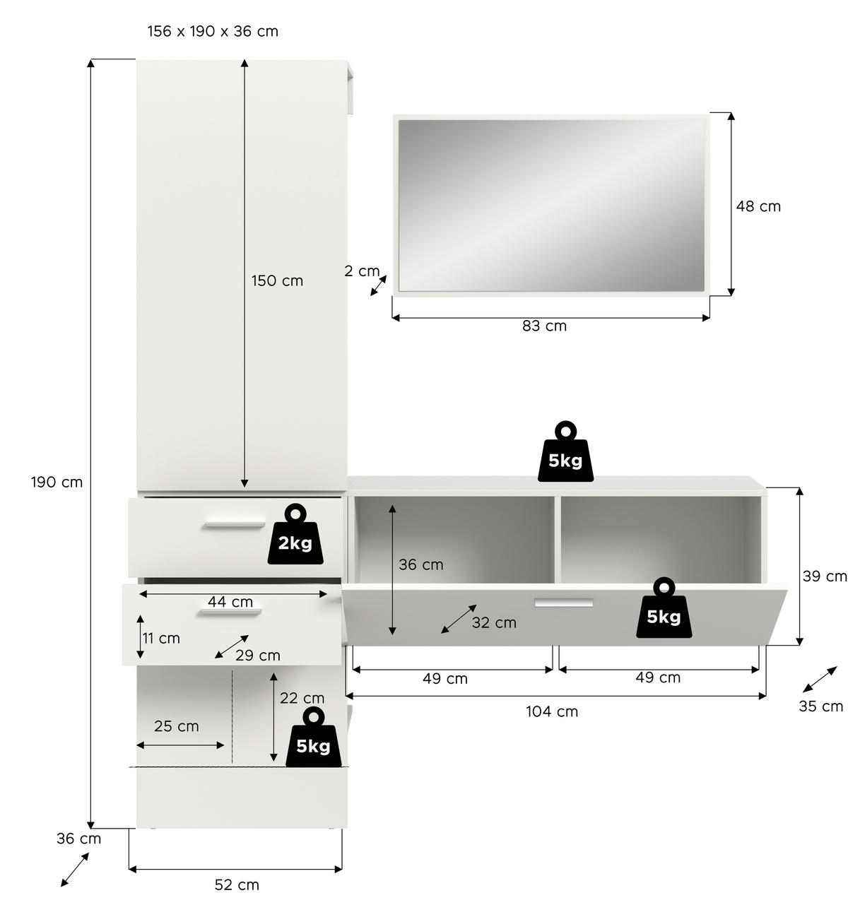 Garderobe VAGA weiß B/H/T: ca. 156x190x36 cm VAGA - weiß (156,00/190,00/36,00cm) - xonox.home